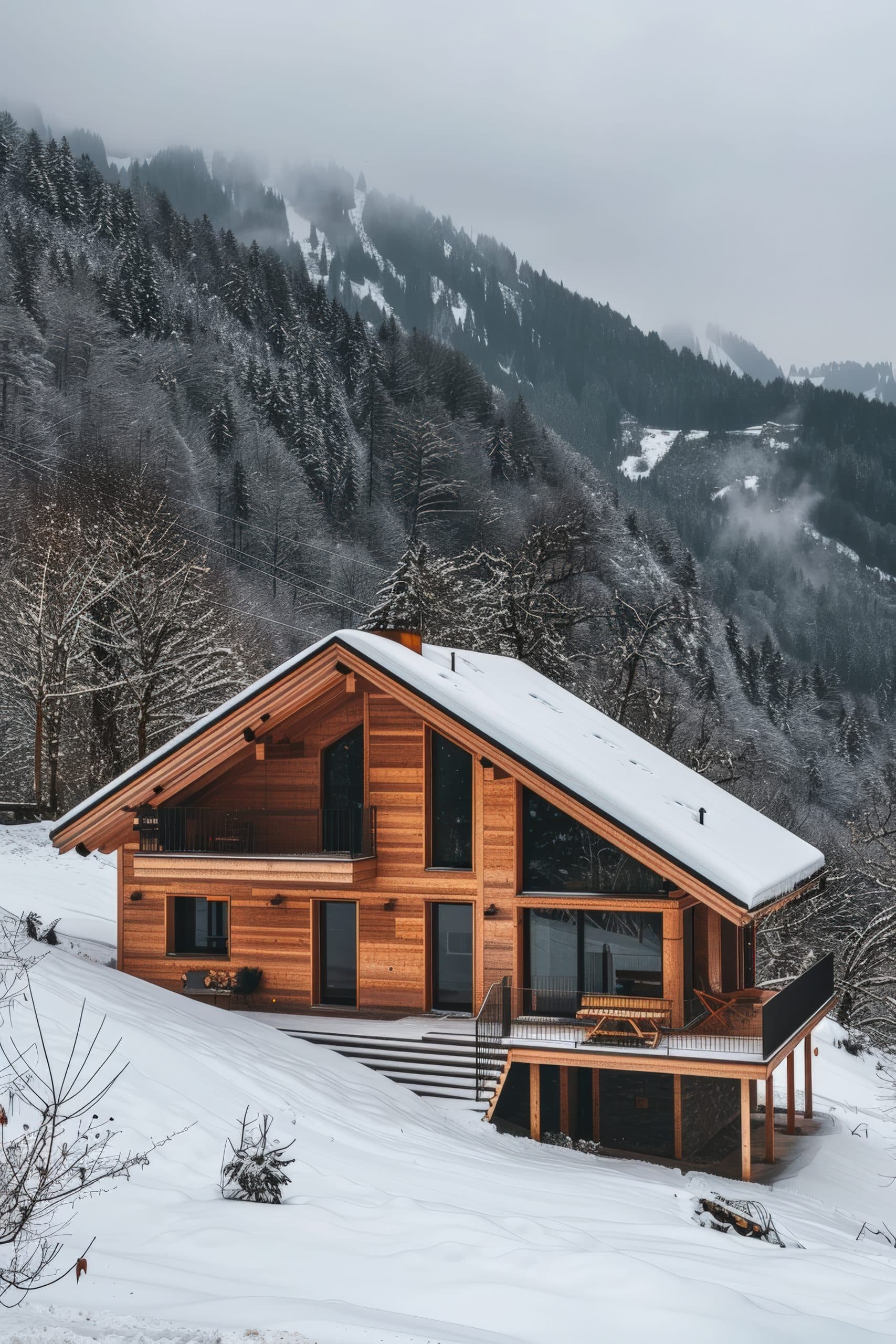 Charming wooden house in snowy landscape.